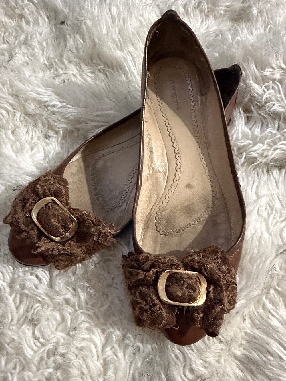 Brown Ballet Flats with Buckle & Textile Bow